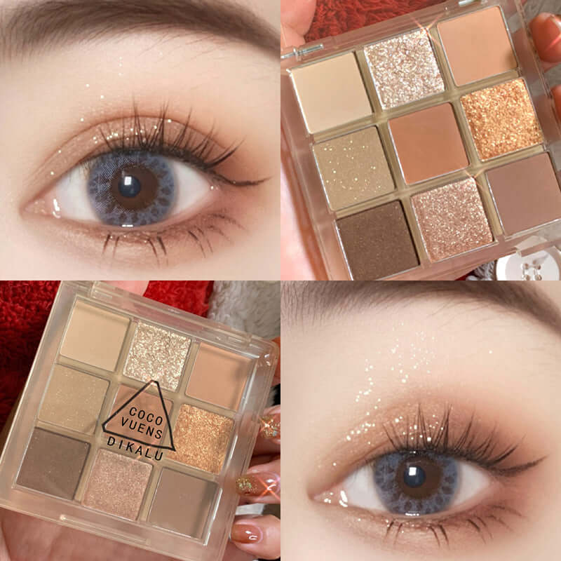 Transparent nine-color eye shadow palette featuring sparkling and matte shades for versatile eye looks.
