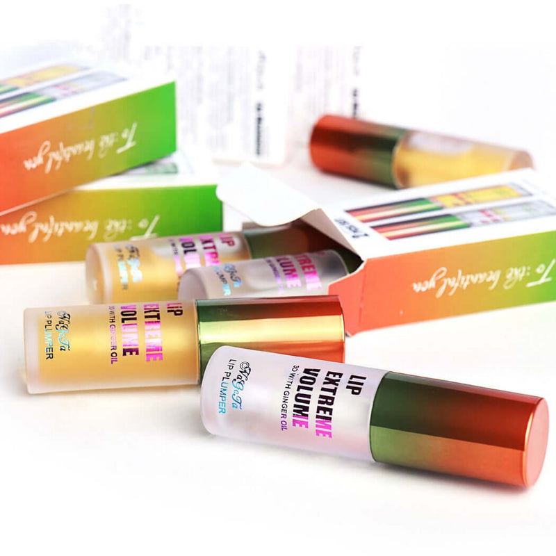 Fading lip lines and lip gloss set with vibrant packaging, enhancing lip hydration and volume for sexy, charming lips.