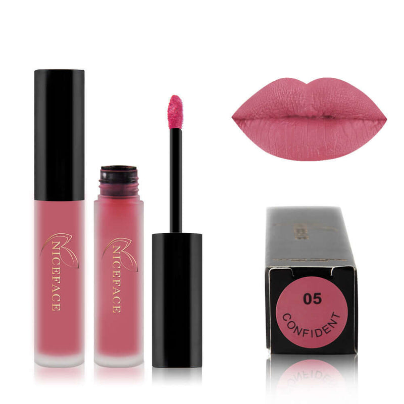 Best lip gloss in shade 'Confident' by NICEFACE, featuring a sleek tube, applicator, and swatch on lips.