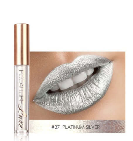 Platinum Silver lip gloss by FOCALURE, showcasing shimmery metallic lips with a sleek applicator.