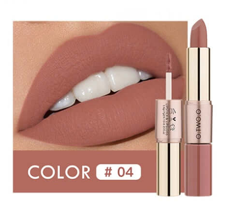 Lip gloss and lipstick in color #04, showcasing a matte finish on lips with long-lasting, natural coloring.