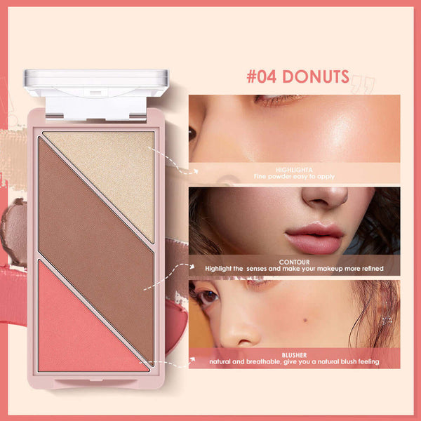 Multifunctional 3-in-1 contouring palette with highlighter, blush, and contour shades in 'Donuts'.