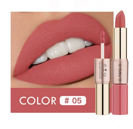 Full-size lip gloss and lipstick in Color #05, showcasing a natural, long-lasting finish on lips.