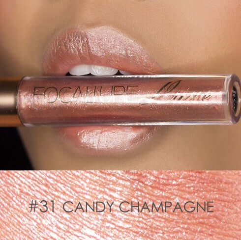 Close-up of lips wearing FOCALURE Candy Champagne lip gloss, showcasing its shimmering finish and glossy texture.