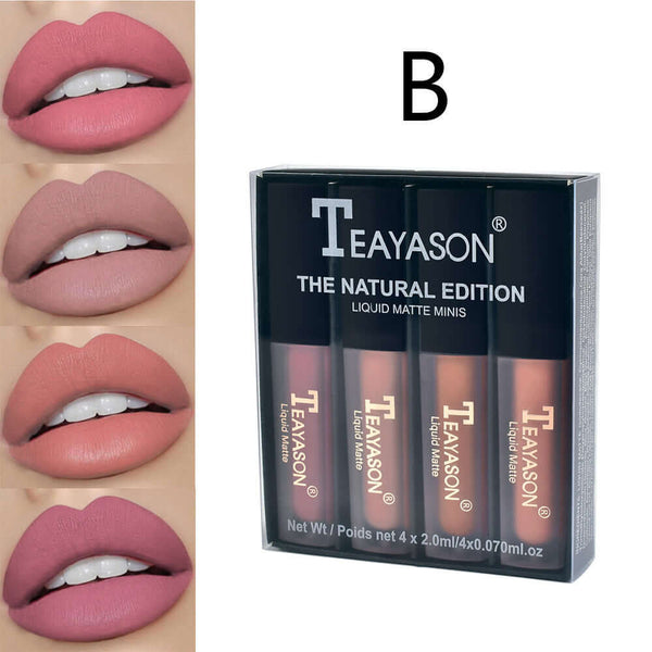 Lip gloss set of four liquid matte shades with natural finish, showcasing multiple lip colors and packaging.