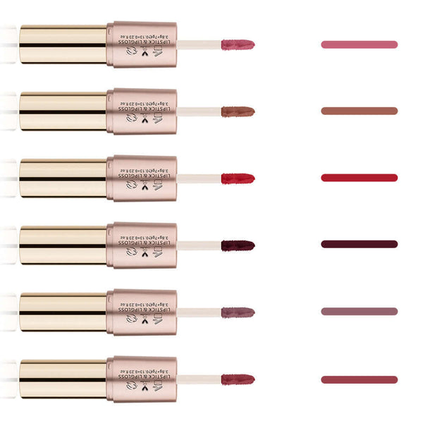 Collection of six lip glosses with swatch colors, showcasing long-lasting, natural shades for vibrant lips.