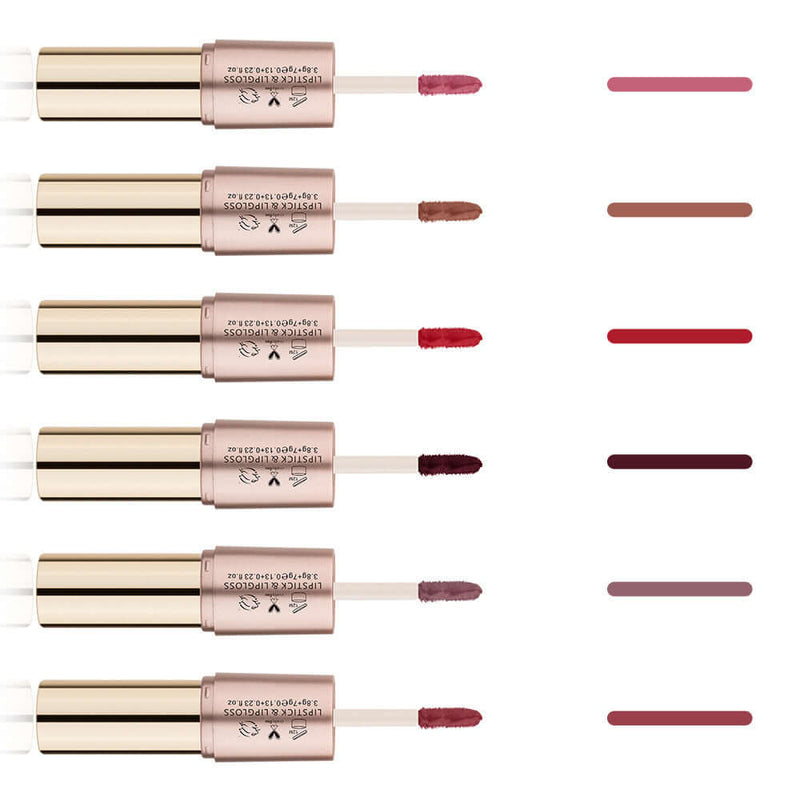 Collection of six lip glosses with swatch colors, showcasing long-lasting, natural shades for vibrant lips.