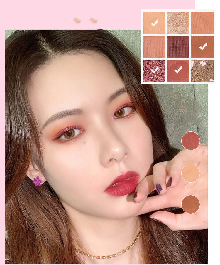 Model showcasing the New Arrival Charming Eyeshadow Palette with 9 matte and shimmer shades for vibrant eye looks.