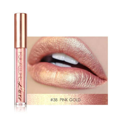 Focalure pink gold lip gloss in tube with swatch, showcasing shimmery, metallic finish on lips.