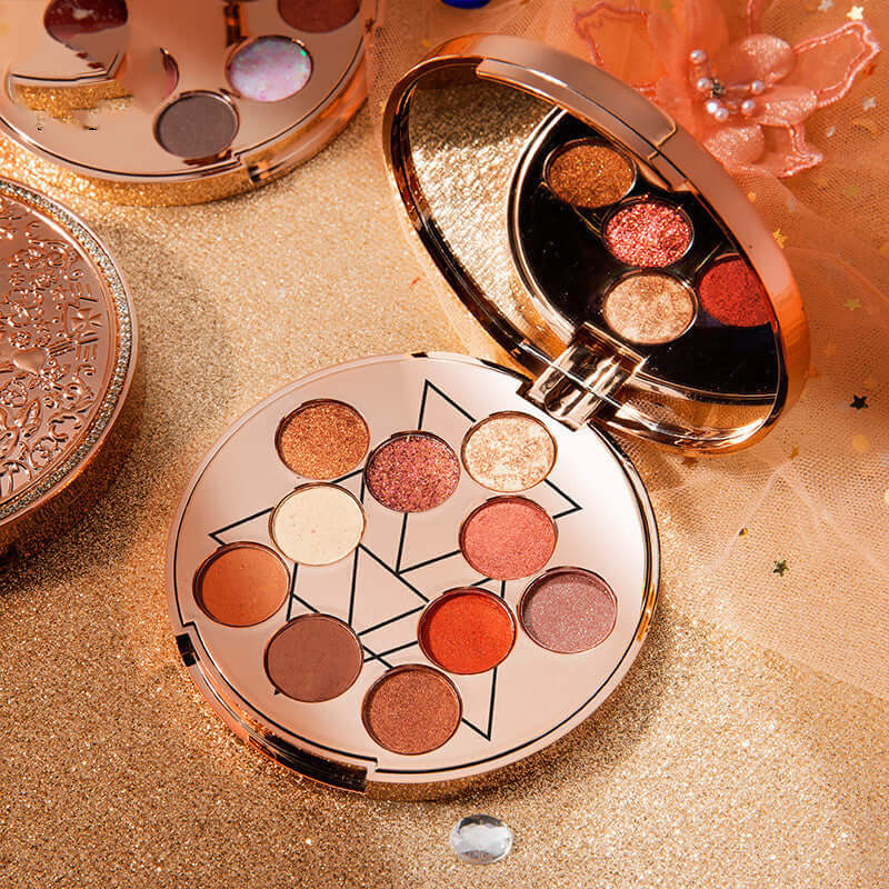 Goddess Of Luck 10-color waterproof eye shadow palette with shimmering and matte shades on a decorative background.