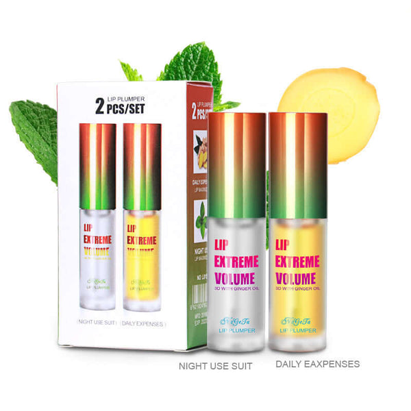 Lip plumper set with two extreme volume glosses for fuller, hydrated lips, featuring mint and ginger essence.