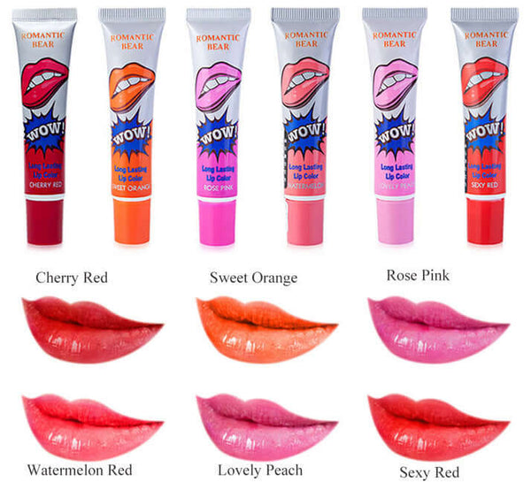 Color-fast lip gloss in shades: Cherry Red, Sweet Orange, Rose Pink, Watermelon Red, Lovely Peach, Sexy Red.