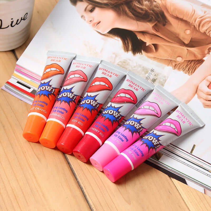 Color-fast tear-off lip gloss collection featuring peach, orange, rose red, cherry red, sexy red, and watermelon shades.
