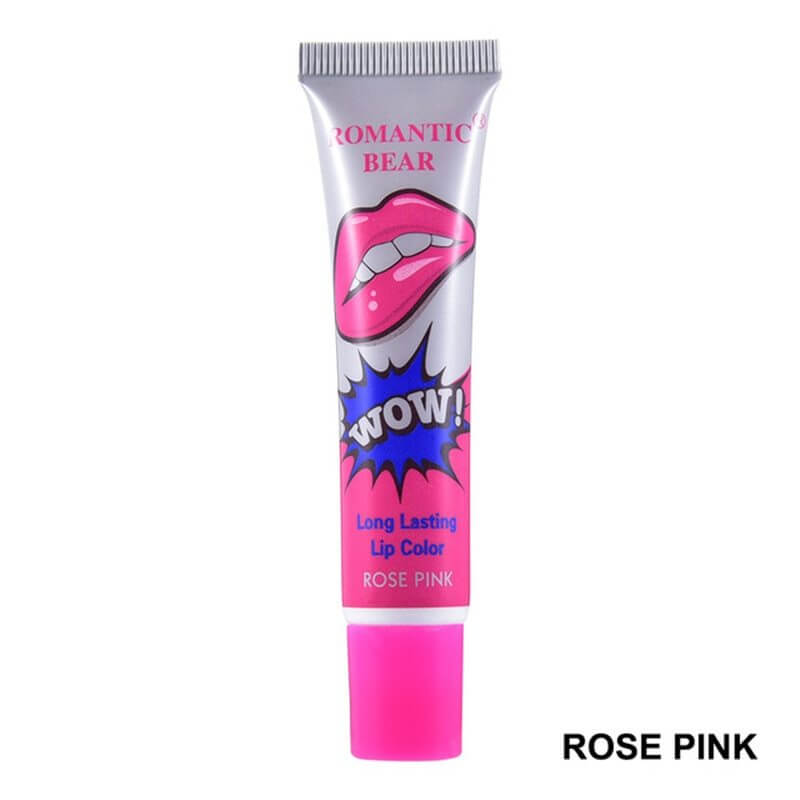 Rose pink long-lasting lip color in tube by Romantic Bear with bold lip design on packaging.