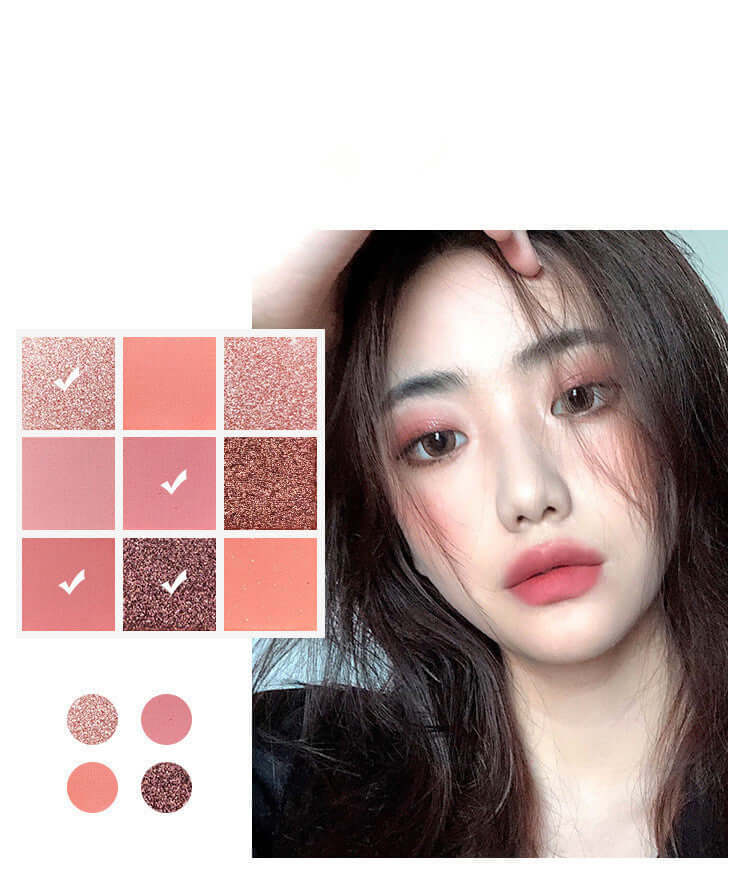 Charming eyeshadow palette with 9 colors in matte and shimmer, showcased on a model's makeup look.