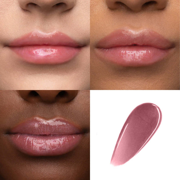 PHOFAY Hyaluronic Lip Gloss applied on lips, showing glossy finish and soft texture in four images.