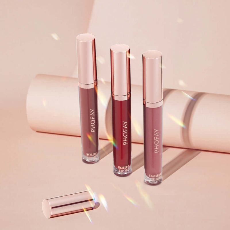 PHOFAY Hyaluronic Lip Gloss trio, showcasing long-lasting, moisturizing shades for soft, smooth lips.