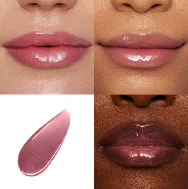 PHOFAY Hyaluronic Lip Gloss on lips and a swatch, showcasing smooth, moisturizing finish for all skin tones.