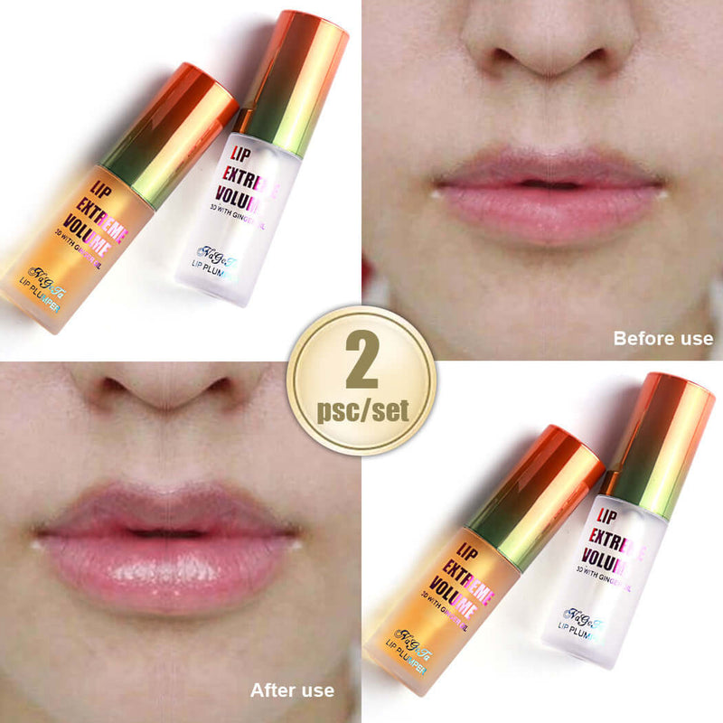Before and after images of lip gloss enhancing volume and hydration, showcasing glossy, full lips.