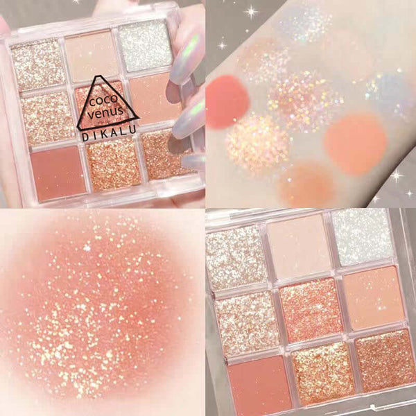 Nine-color acrylic eye shadow palette with a glitter finish, featuring shades in coral and champagne hues.