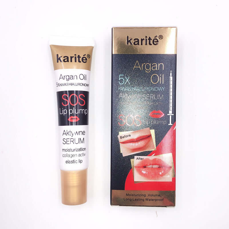 Karite SOS Lip Plump with Argan Oil for hydration and volume, featuring before and after lip enhancement.