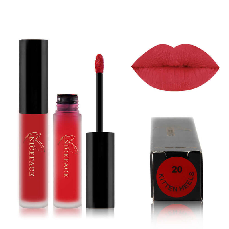 Best Lip Gloss in shade Kitten Heels with applicator and swatch showing vibrant red color for high shine and hydration.