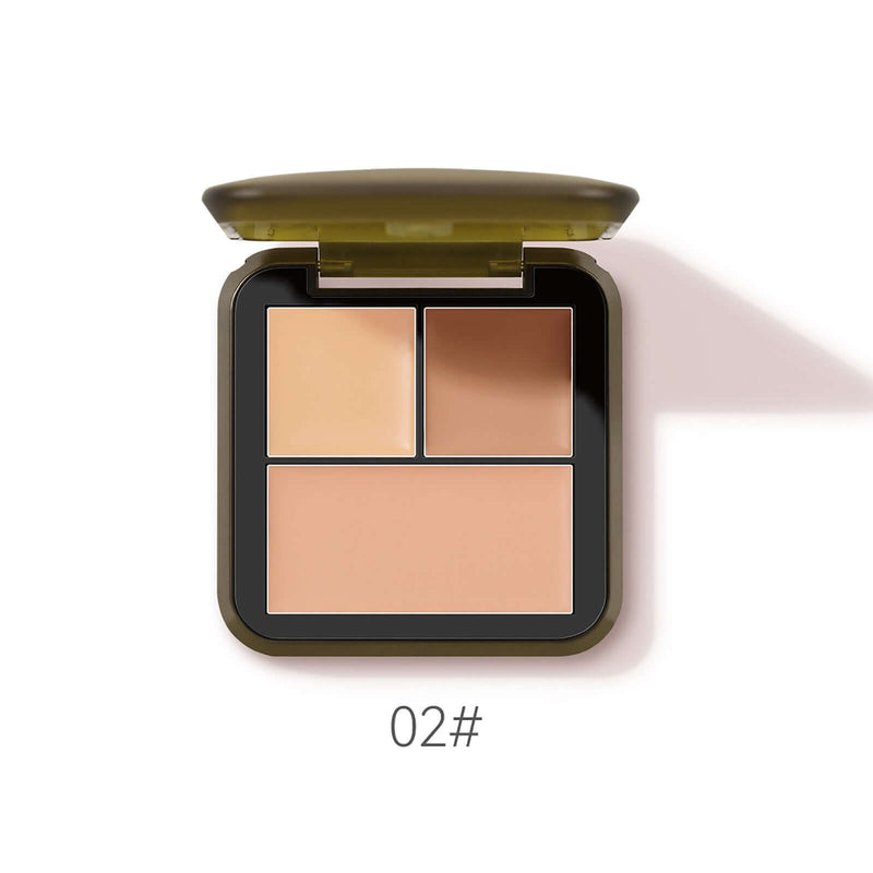 Highlighter shadow contour palette in 02#, featuring two concealers and a contour shade for versatile makeup looks.
