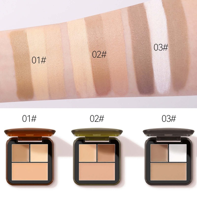 Swatches of Highlighter Shadow Eye Shadow Nose Concealer Powder Contour Palette showing shades 01, 02, and 03 on skin.