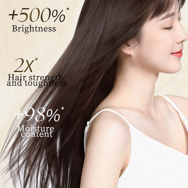 Woman with shiny hair highlighting benefits of hair mask: +500% brightness, 2x strength, +98% moisture.