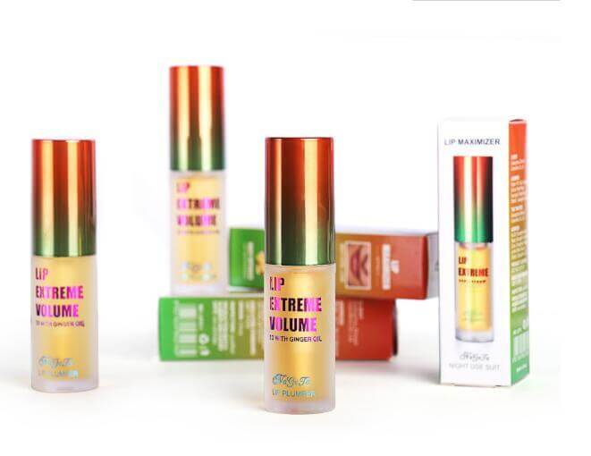 Fading lip lines lip gloss with extreme volume and hydration, displayed with colorful packaging.