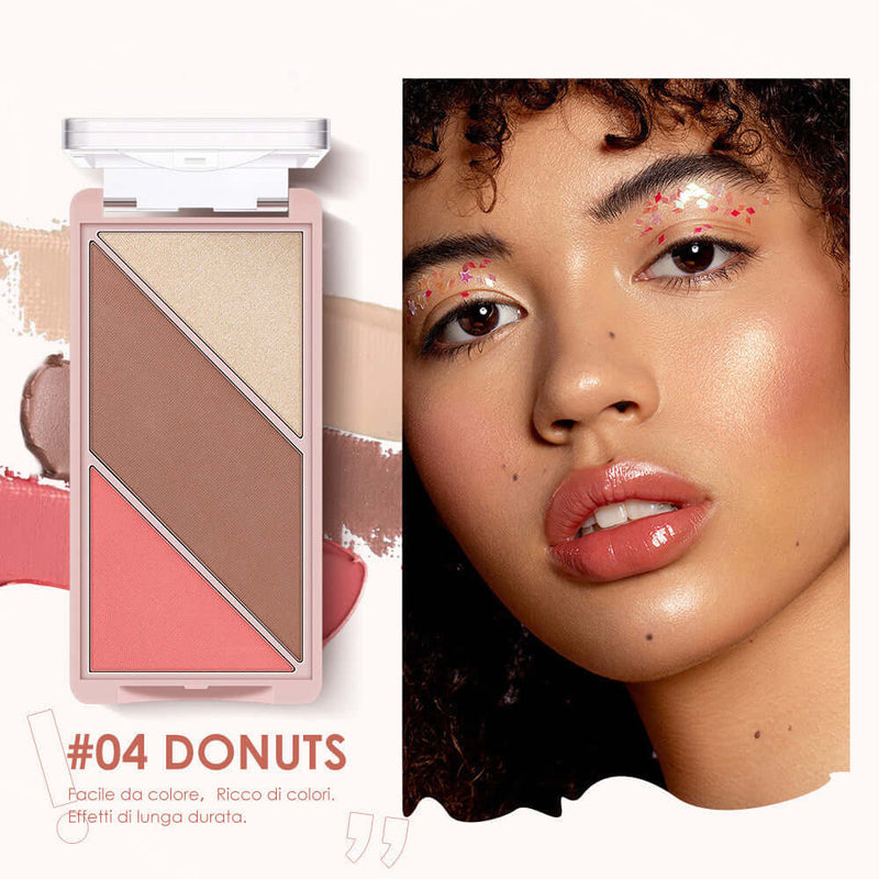 Multifunctional 3-in-1 blush contour palette #04 Donuts with highlighter and eyeshadow next to a model.