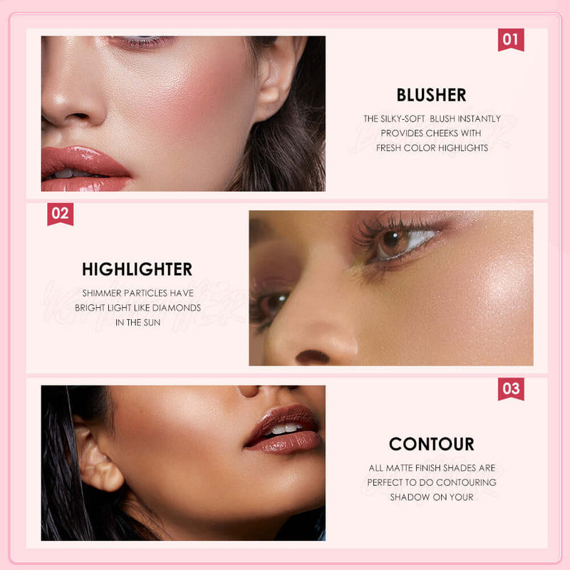 Close-up of a model showcasing blusher, highlighter, and contour from a 3-in-1 makeup palette.