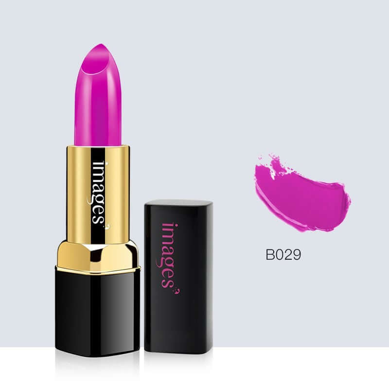 Moisturizing lipstick B029 in vibrant rose purple shade with a sleek black case.