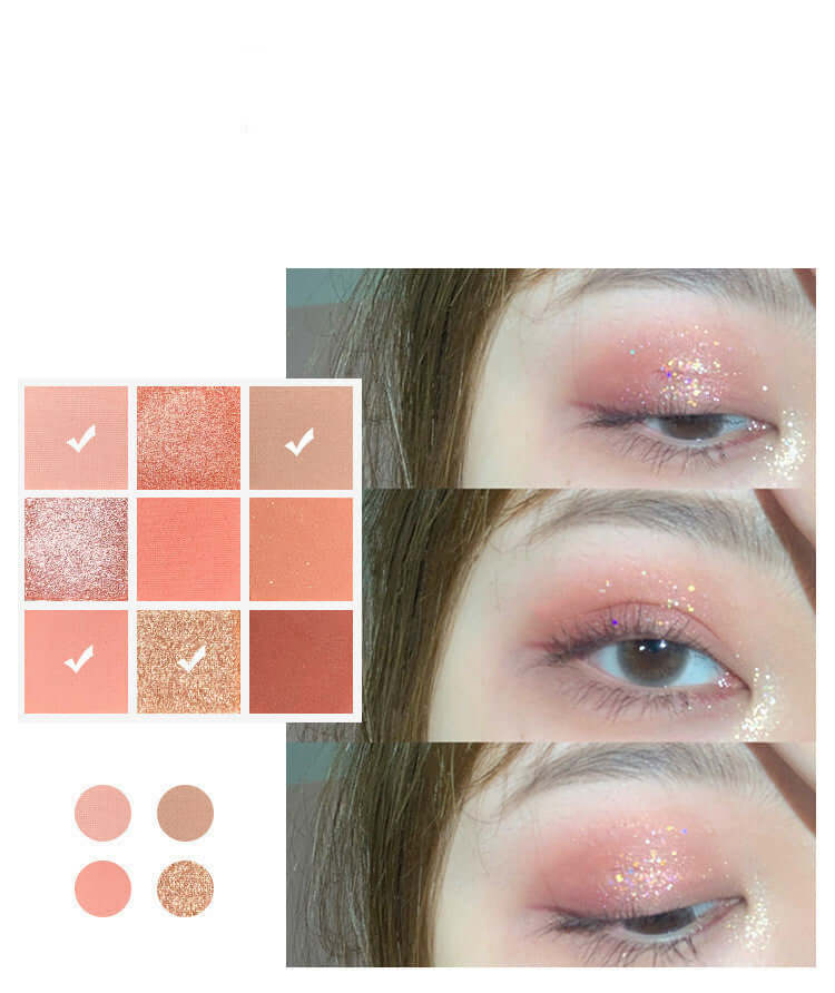 Charming eyeshadow palette featuring 9 colors, showcasing matte and shimmer finishes on a model's eye.