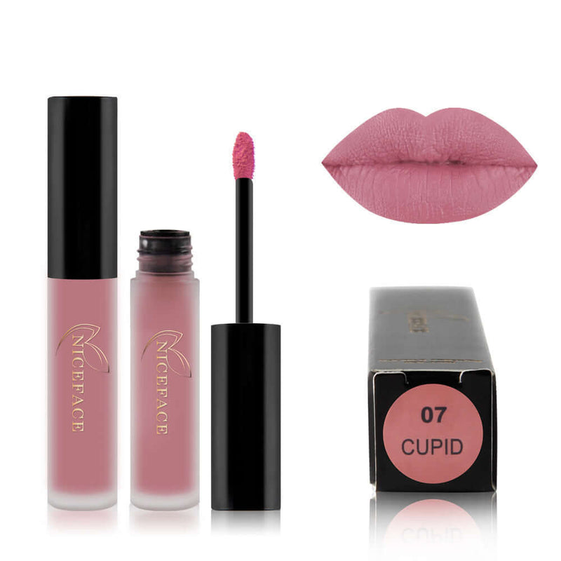 Best Lip Gloss in shade 07 Cupid, featuring a pink tube, applicator, and swatch of smooth pink lips.