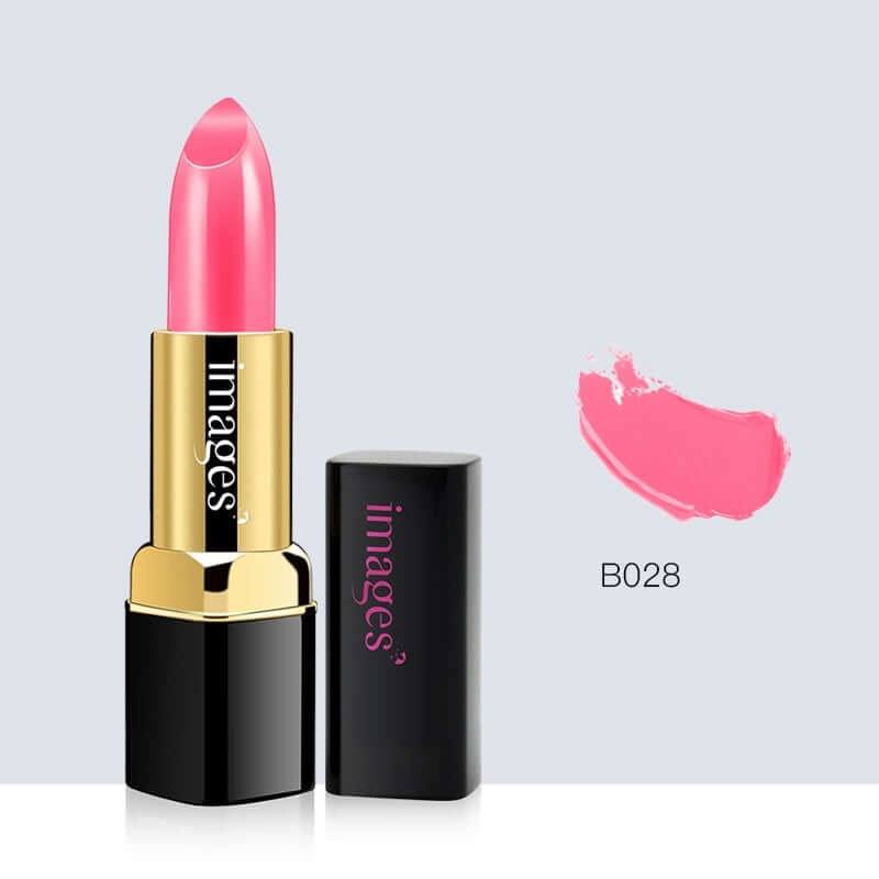Lipstick B028 in bright pink shade, showcasing moisturizing formula and stylish packaging.