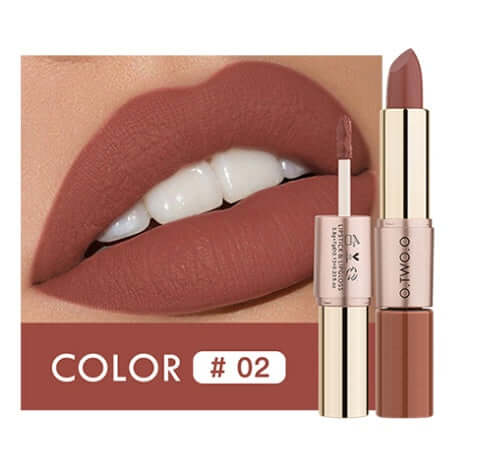 Lip gloss in color #02, showcasing a long-lasting, natural effect on lips with a smooth matte finish.