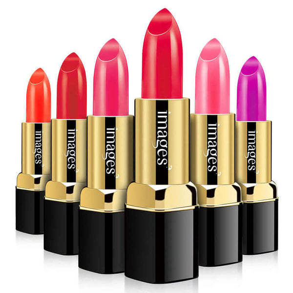 Collection of vibrant lipsticks in various shades including coral red, bright orange, and purple.