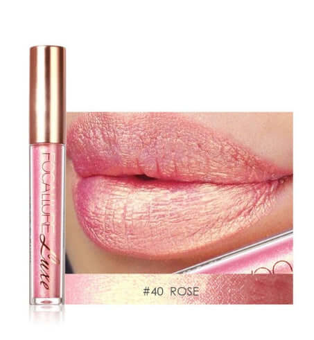 Focalure #40 Rose lip gloss displayed on lips, showcasing a shimmery pink chameleon finish.