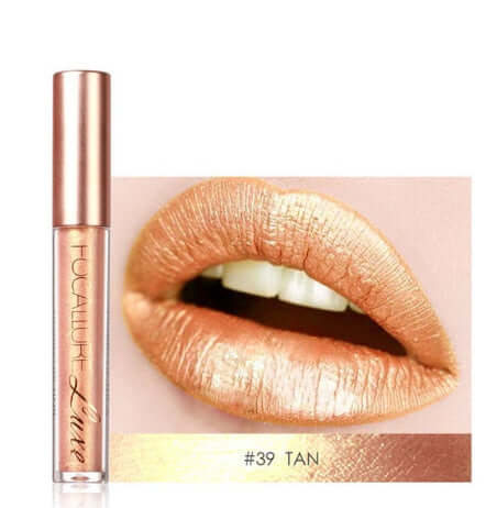 FA24L Diamond Lip Glaze in Tan, showcasing shimmering lip color in a rose gold tube and glossy finish.