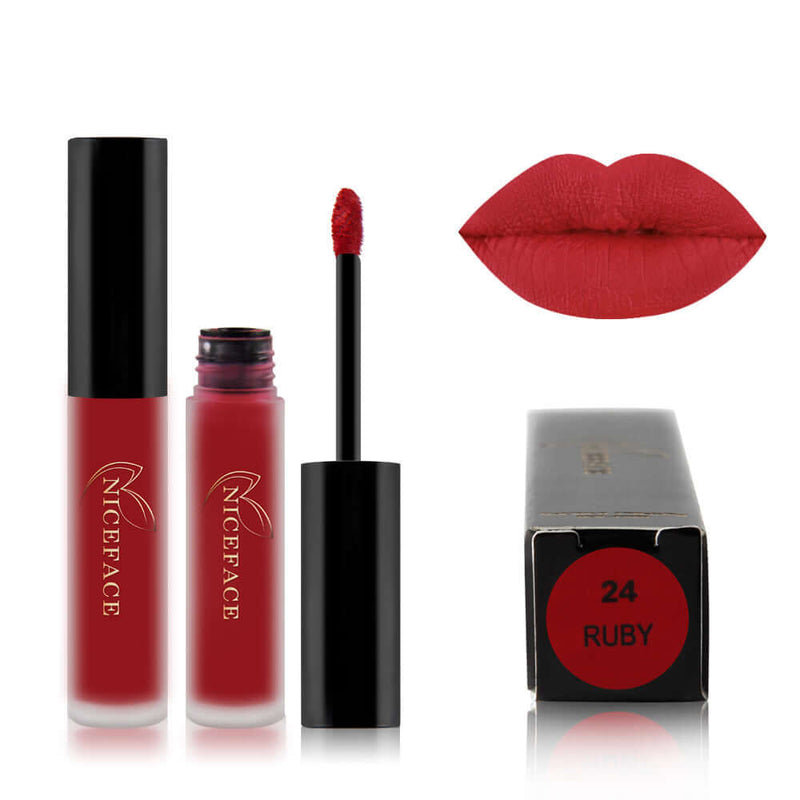 Best Lip Gloss in Ruby shade, featuring a sleek applicator and vibrant red lip color for a luxurious finish.