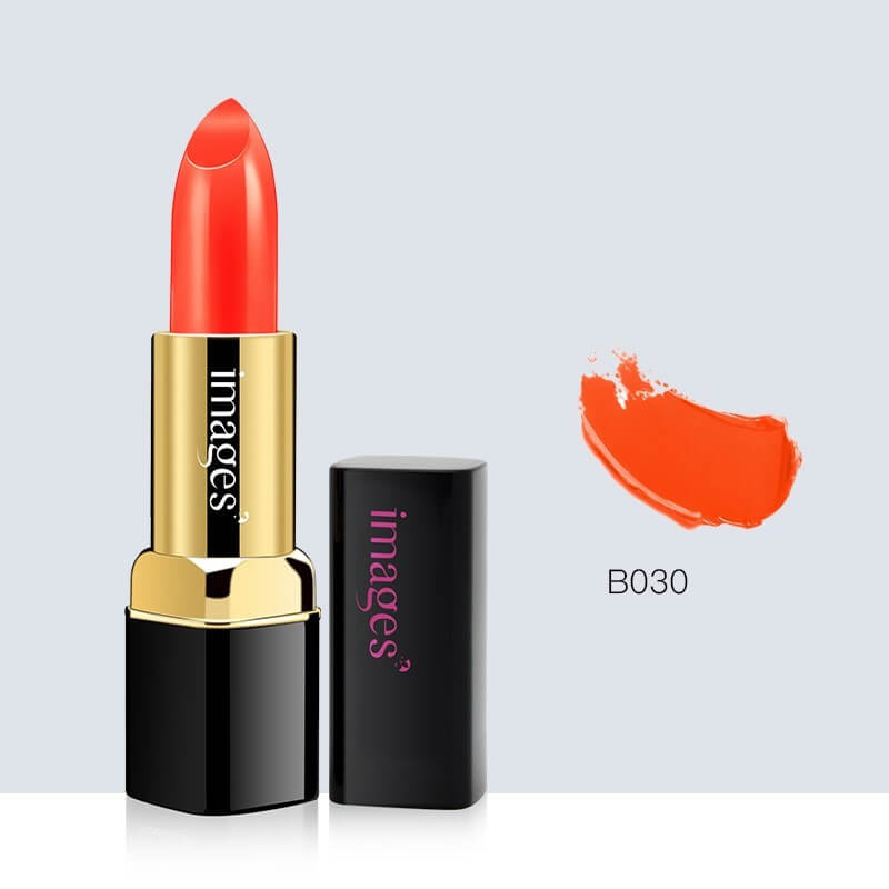 B030 Coral red lipstick with moisturizing formula beside a swatch on a light background.