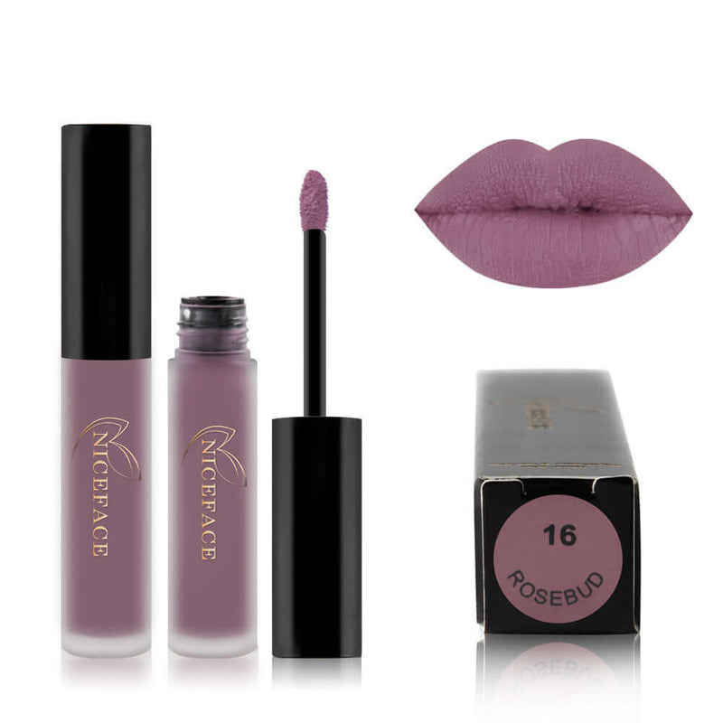Best Lip Gloss in Rosebud shade, showing tube, applicator, and swatch on lips for a luxurious finish.