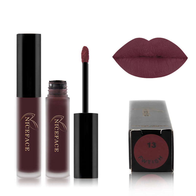 Best Lip Gloss by NICEFACE in deep burgundy shade, featuring applicator and swatch for stylish lip looks.
