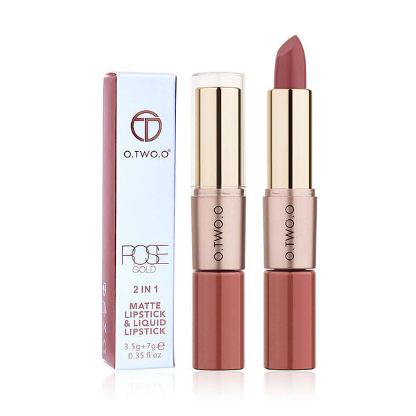 O.TWO.O Rose Gold 2-in-1 matte lipstick and liquid lipstick, showcasing a full-size packaging with two shades.