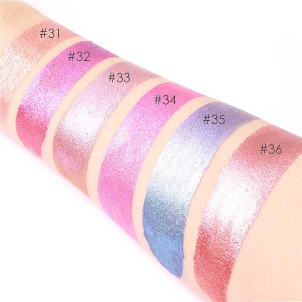 Swatches of FA24L Diamond Lip Glaze lip gloss shades #31 to #36 showcasing vibrant chameleon colors.