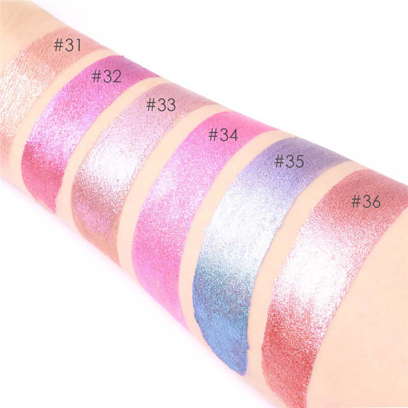 Swatches of FA24L Diamond Lip Glaze lip gloss shades #31 to #36 showcasing vibrant chameleon colors.