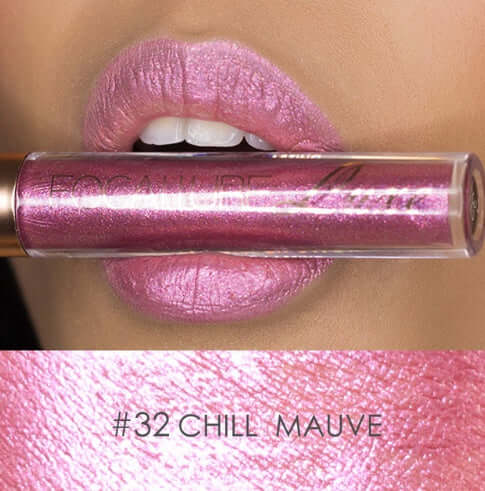 Lip gloss displayed on soft pink lips, featuring Focalure #32 Chill Mauve shade with glossy shimmer.