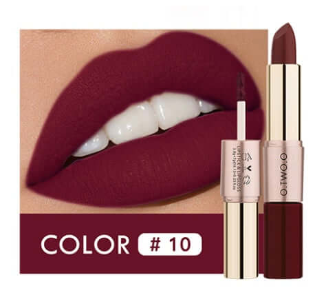 Full size lip gloss and lipstick in Color #10, showcasing long-lasting, natural color and vibrant finish on model's lips.