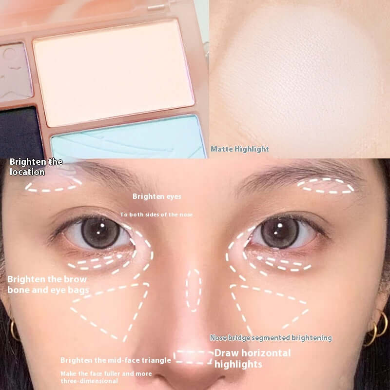 Skin highlighting technique demonstration using a comprehensive makeup palette with annotations for application areas.